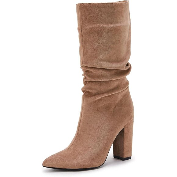 Women's Khaki Suede Mid Calf High Slouchy Chunky Heel Block Pointed Toe Boots - Picture 2 of 5